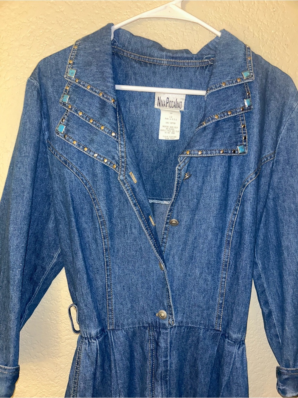 Nina Piccalino Women's Blue Denim Jumpsuit with Turquoise Accents Vintage 90s